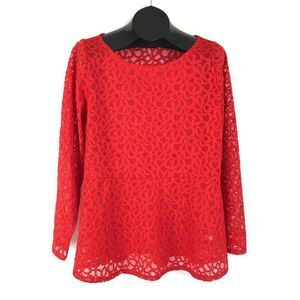 Lane Bryant Sheer Lace Peplum Blouse Women's Plus Size 14 Red Stretch Holiday